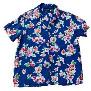 Liz Claiborne Lizsport Petite Blue Floral Blouse Button Hawaiian Size PS